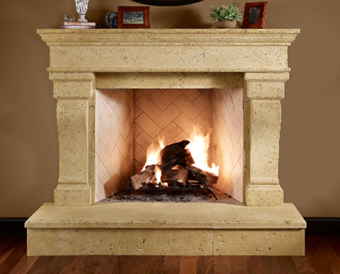 Sofia Cast Stone Fireplace with Raised Hearth Stones by exterior brick provider Savannah Surfaces in Hardeeville, SC